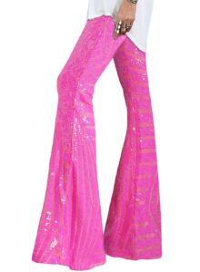 evaless hot pink pants for women sparkly glitter high waisted wide leg sequin flare trousers bell bottom clubwear s 4 6