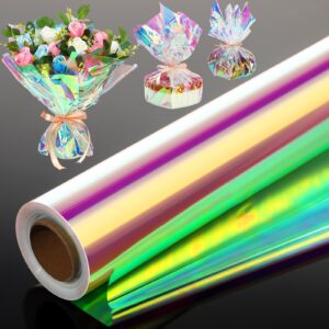 Seajan 32 in x 200 ft Iridescent Cellophane Wrap Roll, Rainbow Wrapping Paper Holographic Cellophane Wrap for Baskets Fairy Wings Flower Bouquet DIY Treats Christmas Gifts Wrapping(Iridescent)