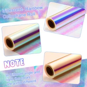 Seajan 32 in x 200 ft Iridescent Cellophane Wrap Roll, Rainbow Wrapping Paper Holographic Cellophane Wrap for Baskets Fairy Wings Flower Bouquet DIY Treats Christmas Gifts Wrapping(Iridescent)