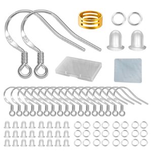 925 sterling silver earring hooks, 80 pcs/40 pairs ear wires fish hooks, 240pcs hypoallergenic earring making kit with jump rings and clear silicone earring backs stoppers