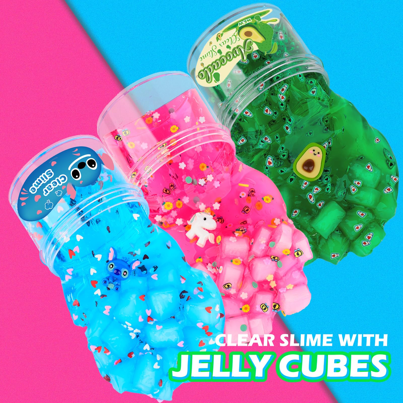 3 Pack Jelly Cube Crunchy Clear Slime Kit Blue Water Slime Pink Heart Add Ins, DIY Crystal Slime Set Avocado Green Pink Bubble Slime for Girls Boys, Kids Stocking Stuffers Toys Birthday Party Favors