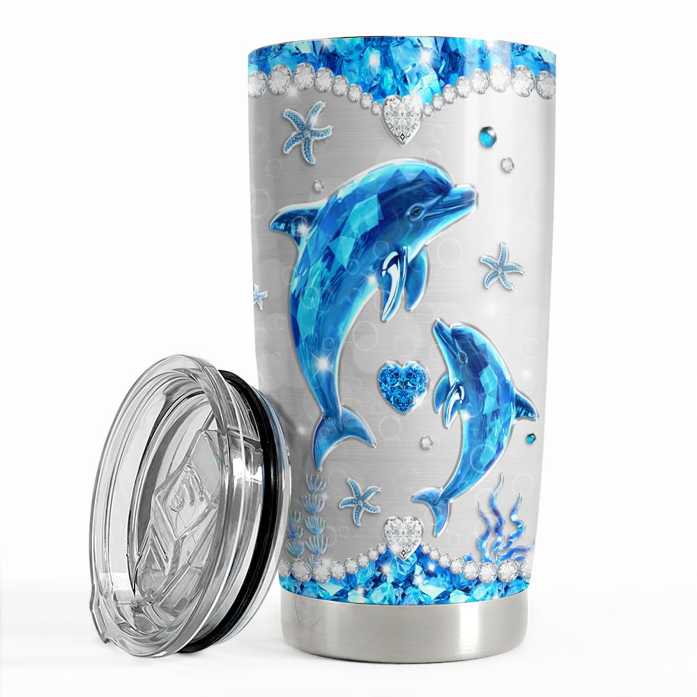 SANDJEST Dolphin Tumbler 20oz Stainless Steel Insulated Tumblers Coffee Travel Mug Cup Jewelry Drawings Style Gifts for Women Girls Teen Gift for Birthday Christmas