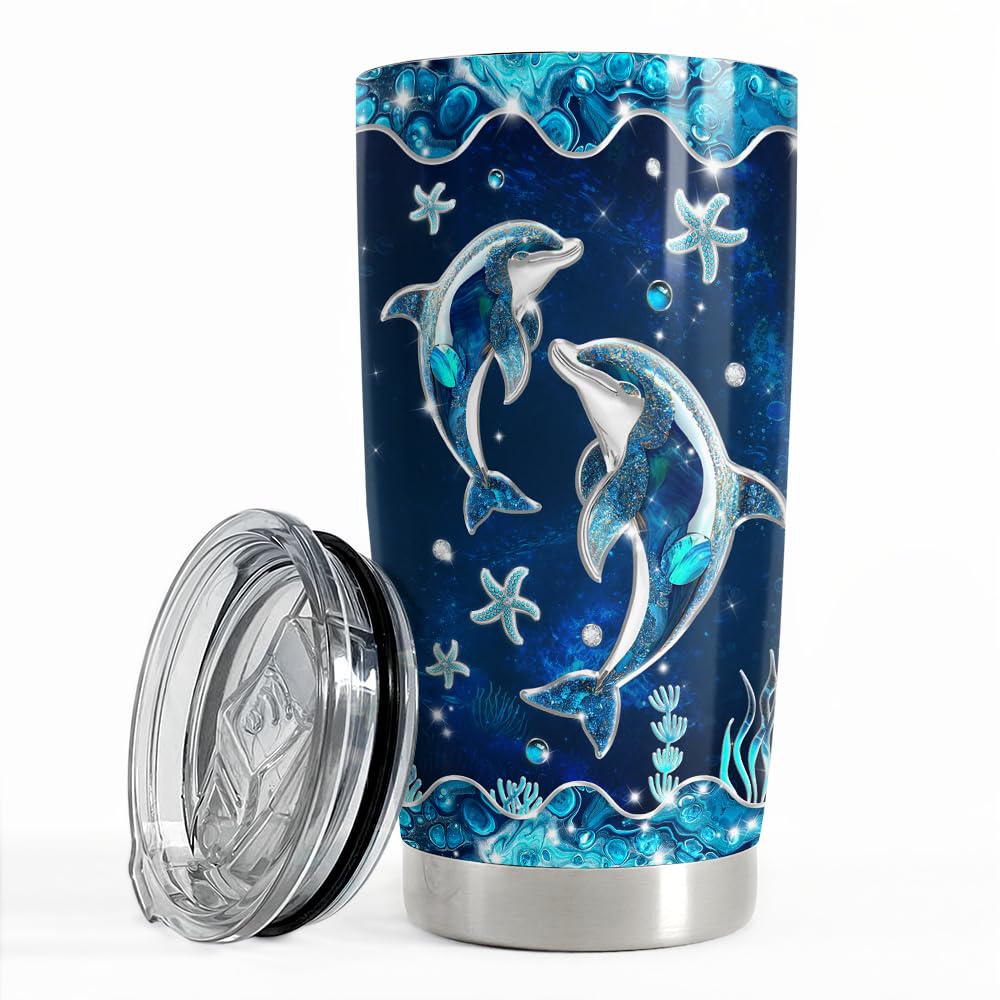 SANDJEST Dolphin Gifts for Women Girls Dolphin Tumbler 20oz Jewelry Drawings Stainless Steel Insulated Tumblers Coffee Travel Mug Cup Gift for Birthday Christmas