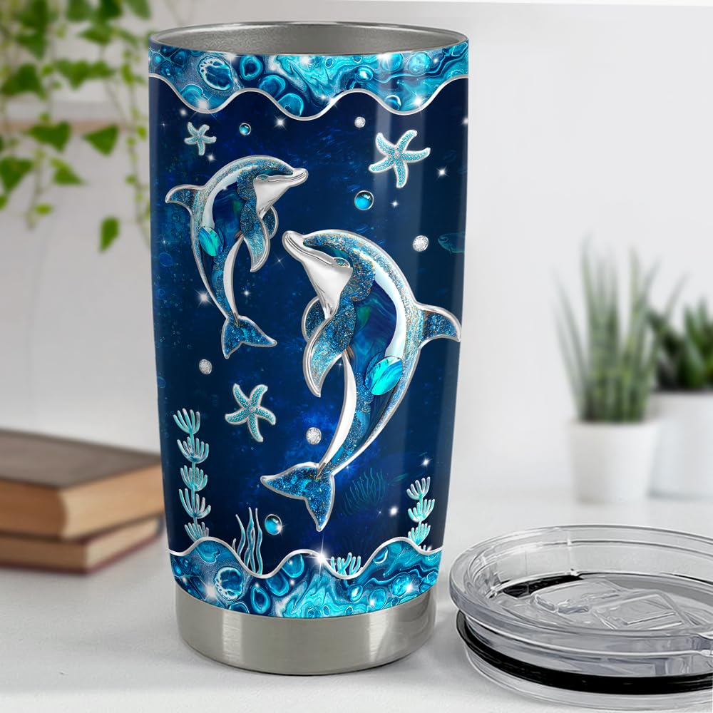 SANDJEST Dolphin Gifts for Women Girls Dolphin Tumbler 20oz Jewelry Drawings Stainless Steel Insulated Tumblers Coffee Travel Mug Cup Gift for Birthday Christmas