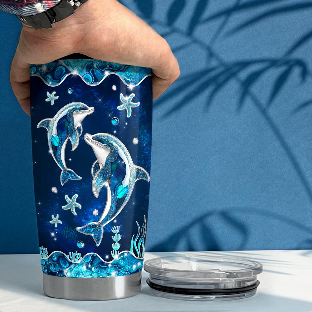 SANDJEST Dolphin Gifts for Women Girls Dolphin Tumbler 20oz Jewelry Drawings Stainless Steel Insulated Tumblers Coffee Travel Mug Cup Gift for Birthday Christmas