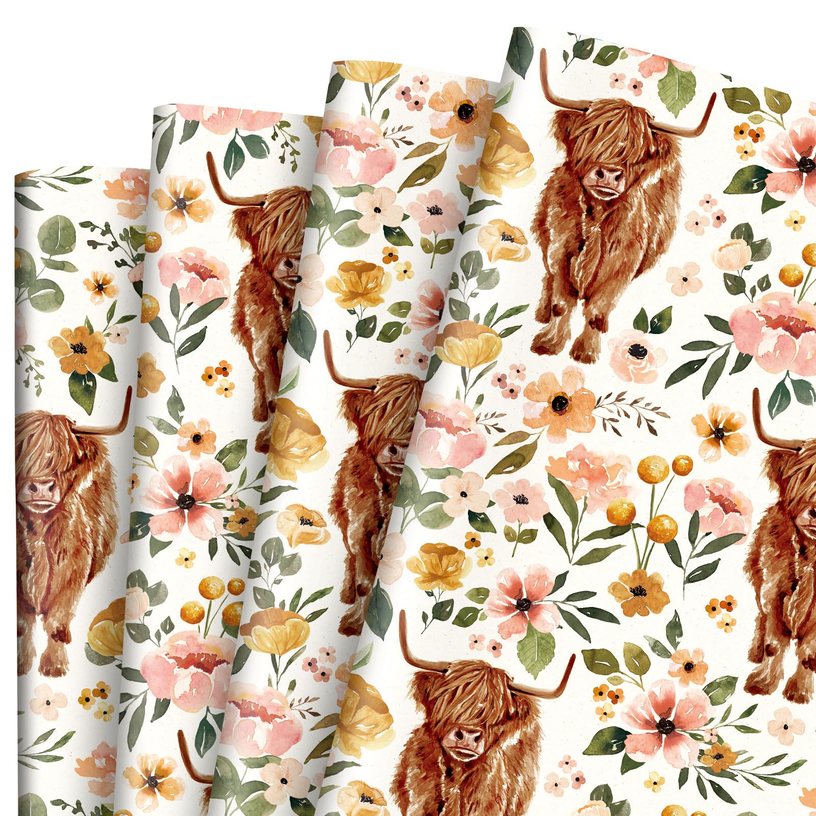 AnyDesign Boho Floral Highland Cow Wrapping Paper Folded Flat Boho Flower Gift Wrap Paper Bulk Cute Cow Art Paper for Birthday Wedding Baby Shower DIY Crafts Gift Packing, 19.7 x 27.6 in, 6 Sheet