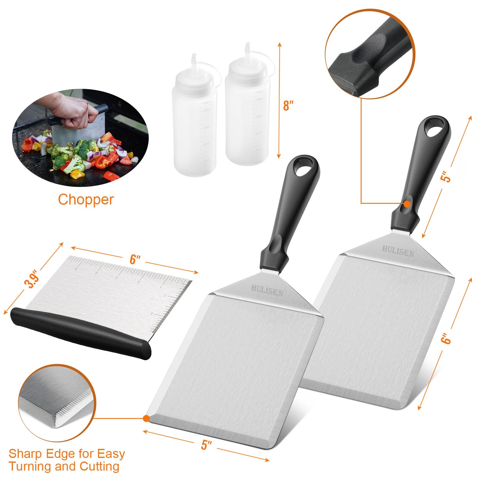 HULISEN Griddle Accessories Kit (5 Pieces), 6 x 5 Inch Stainless Steel Spatula with Cutting Edges, 2 Squeeze Bottles, Chopper/Scraper, Essential Flat Top Grill Accessories for Cooking Indoor/Outdoor