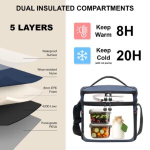 Everfun Insulated Lunch Bag Soft Lunch Box for Men Dual Compartments Small Lunch Box Collapsible Waterproof Leak-proof for Work, Navy