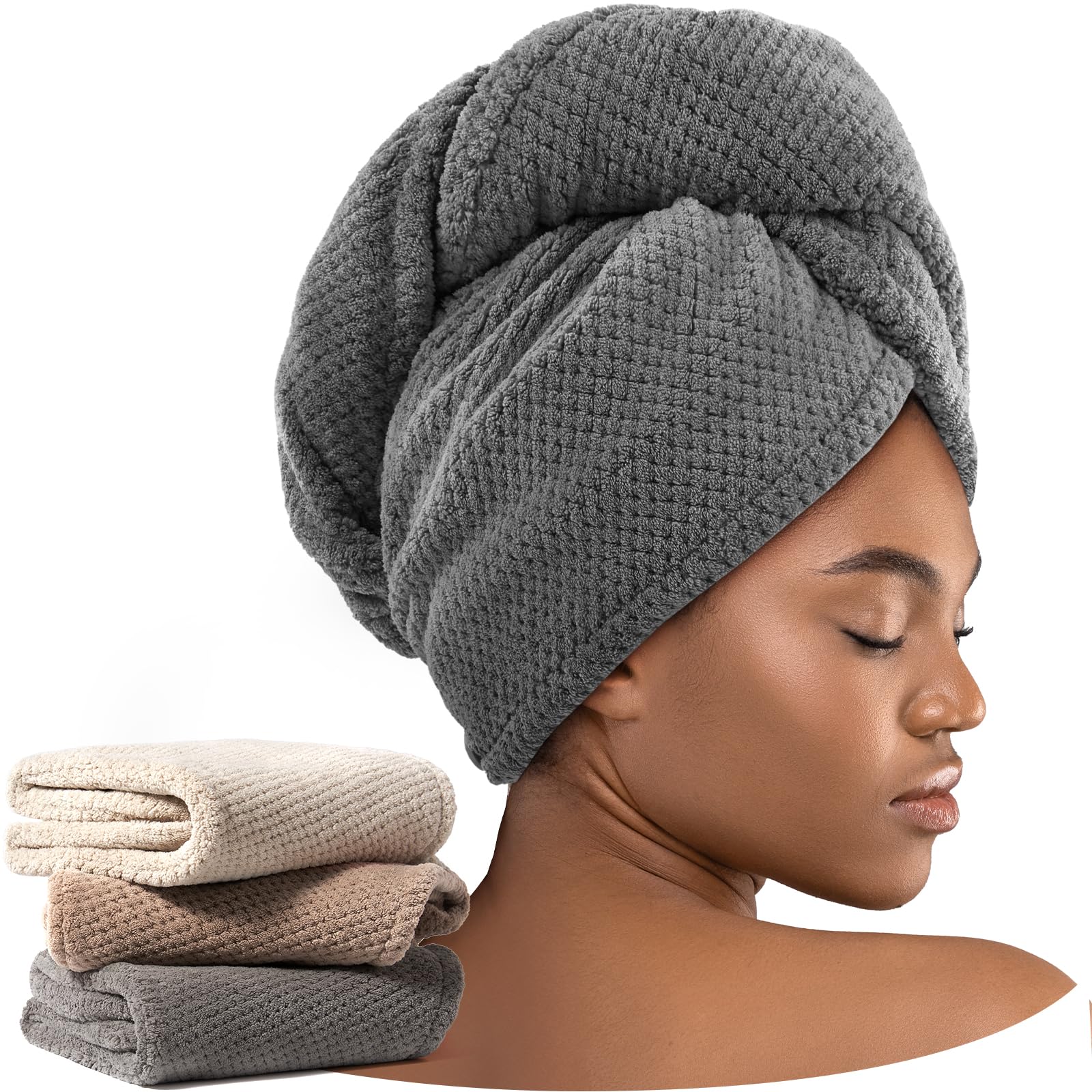 Umisleep 3 Pack Microfiber Hair Towel Wrap for Curly Hair, Super Absorbent Hair Drying Towel for Women, Kids, Hair Care Accessories, Hair Turban for Wet Hair (Grey, Camel, Brown)