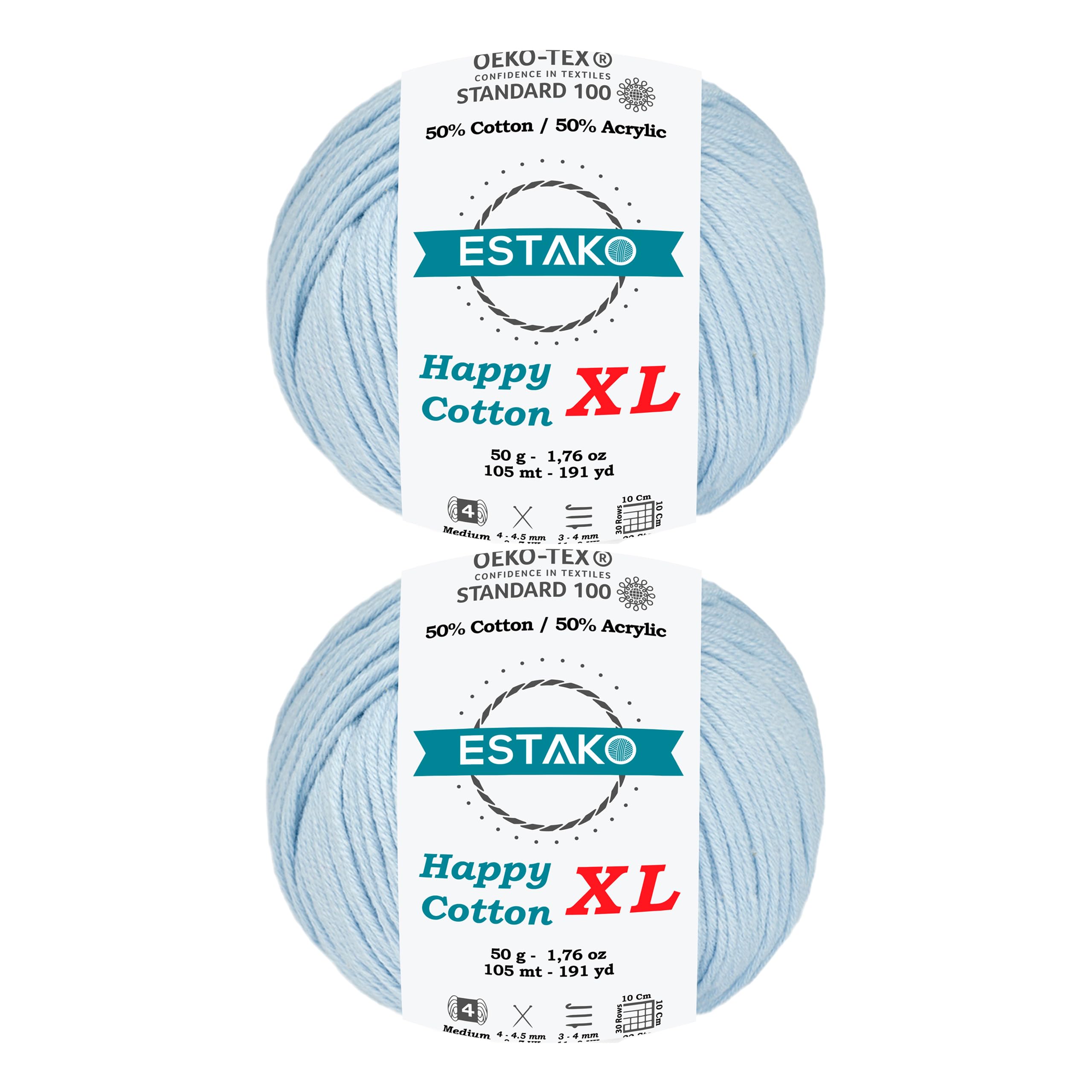 Estako Happy Cotton XL, (2 Skeins Pack) 50% Cotton 50% Acrylic Yarn, Soft, Medium weight (4) for Crochet and Knitting (2 x 1.76 Oz) / (2 x 114 Yrds) (4220 - Baby Blue)