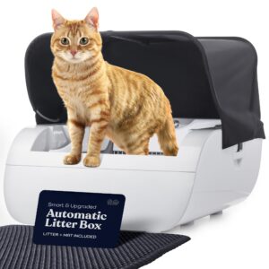 smart automatic cat litter box - self cleaning with built in odor eliminator -works with clumping cat litter (no expensive refills) large with hood & litter mat.