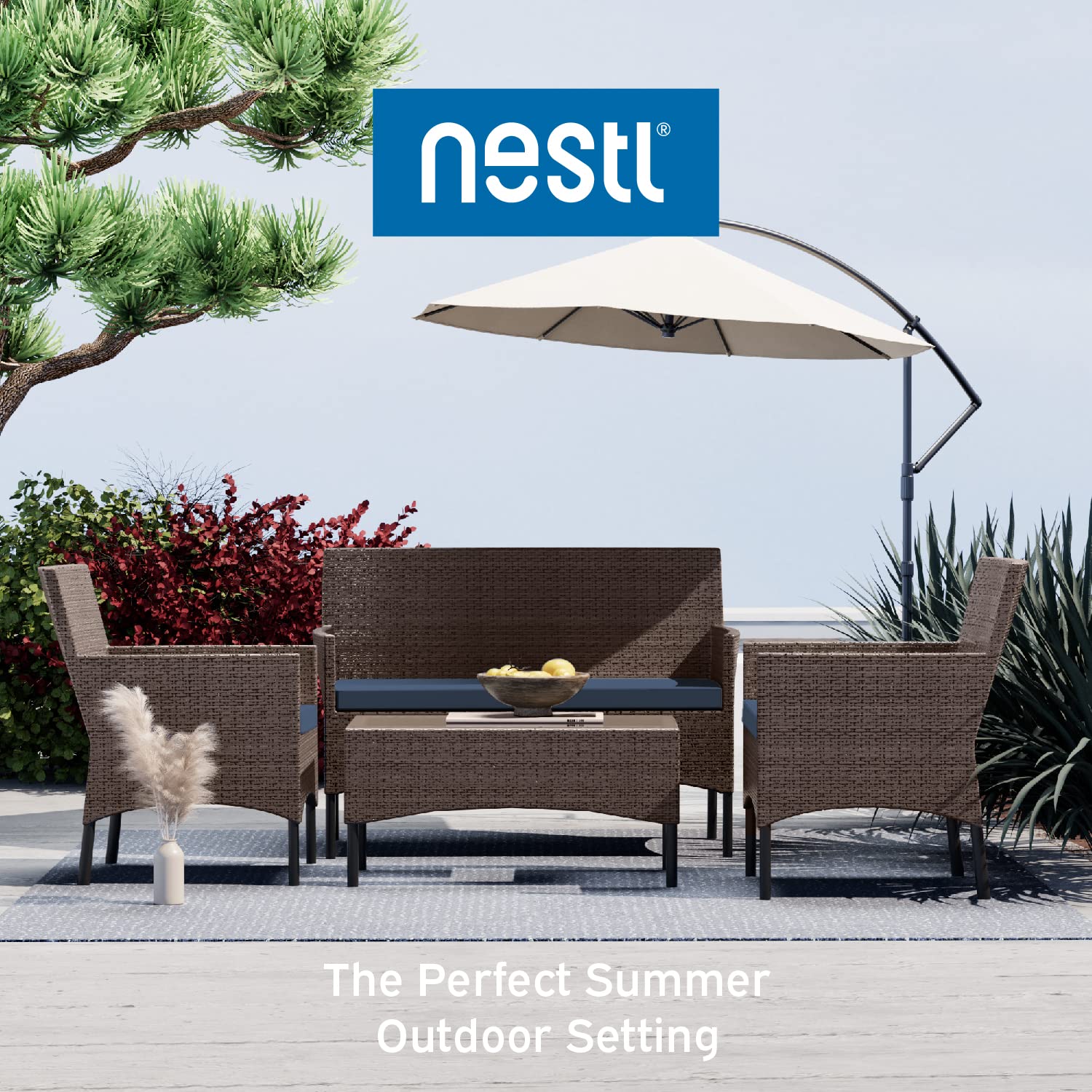 Nestl Outdoor Patio Furniture Sofas, Standard, Brown Base/Navy Blue Cushions