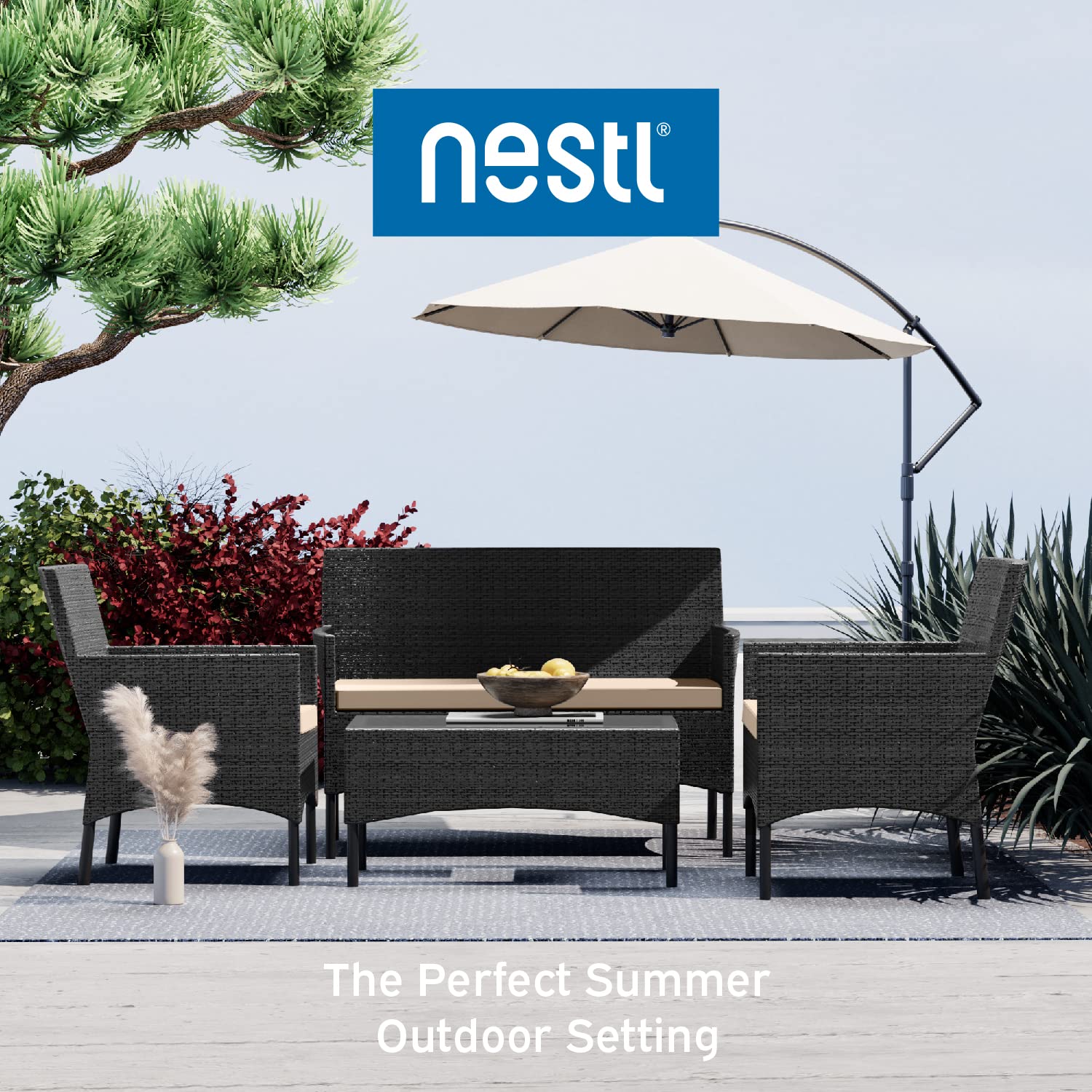 Nestl Outdoor Patio Furniture Sofas, Standard, Black Base/Beige Cushions