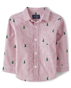 the children's place baby boy's and toddler poplin long sleeve button down shirt, red tree stripe, 4t