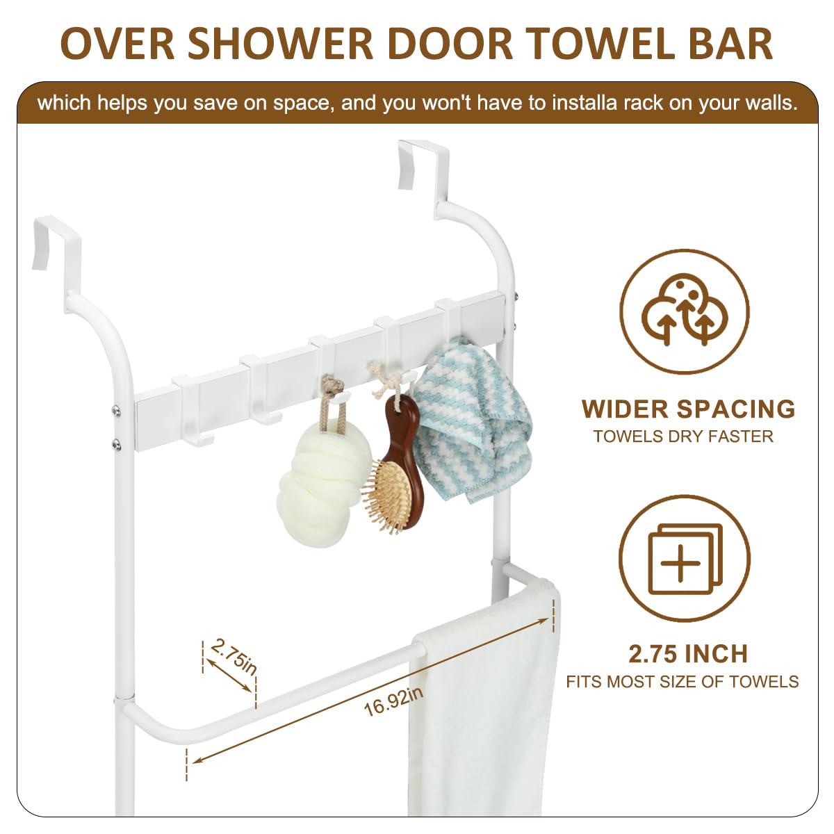 Over The Door Towel Rack, 5-Tier Towel Racks for Bathroom Door Hanging, Bathroom Back of Door Towel Bar, Door Blanket Holder for Clothes, Washcloths,Hand Towels, Loofahs and Sponges,white