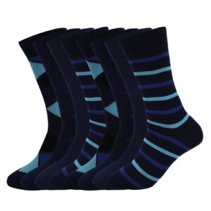 wander men's dress socks cotton thin trouser calf socks striped argyle novelty socks (shoe size:13-15,8 pairs navy blue pattern)