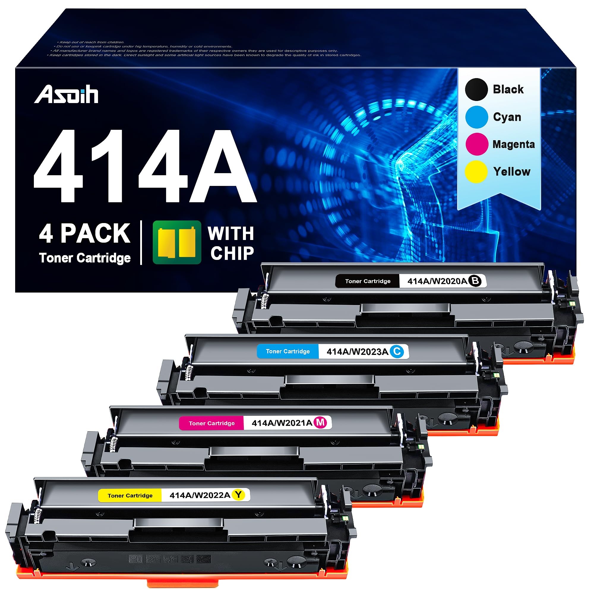 Asoih 414A Toner Cartridges 4 Pack (with Chip) Compatible with HP 414A 414X Toner cartridges 4 Pack W2020A W2020X can be used with HP Color Laserjet Pro MFP M479fdw M479fdn M454dw M454dn M480f Printer