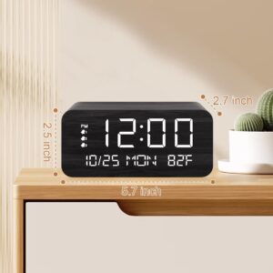 Digital Alarm Clock, with Wooden Electronic LED Time Display, 3 Alarm Settings, 10W Wireless charging, Day of the week, Temperature Detect, Wood Made Digital Clocks for Office, Bedroom, Bedside, Black