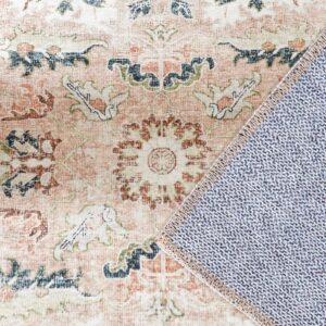 COLLACT Distressed Pink Area Rug, 8'x10', Retro Floral Print, Non Slip Backing, Low Pile, Washable, Farmhouse Carpet for Living Room, Bedroom, Dining Room