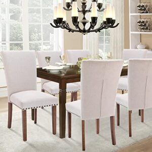 Parsons Dining Chairs Set of 4, Upholstered Nailhead Dining Room Kitchen Side Chair with Thick Cushions and Wood Legs, Beige