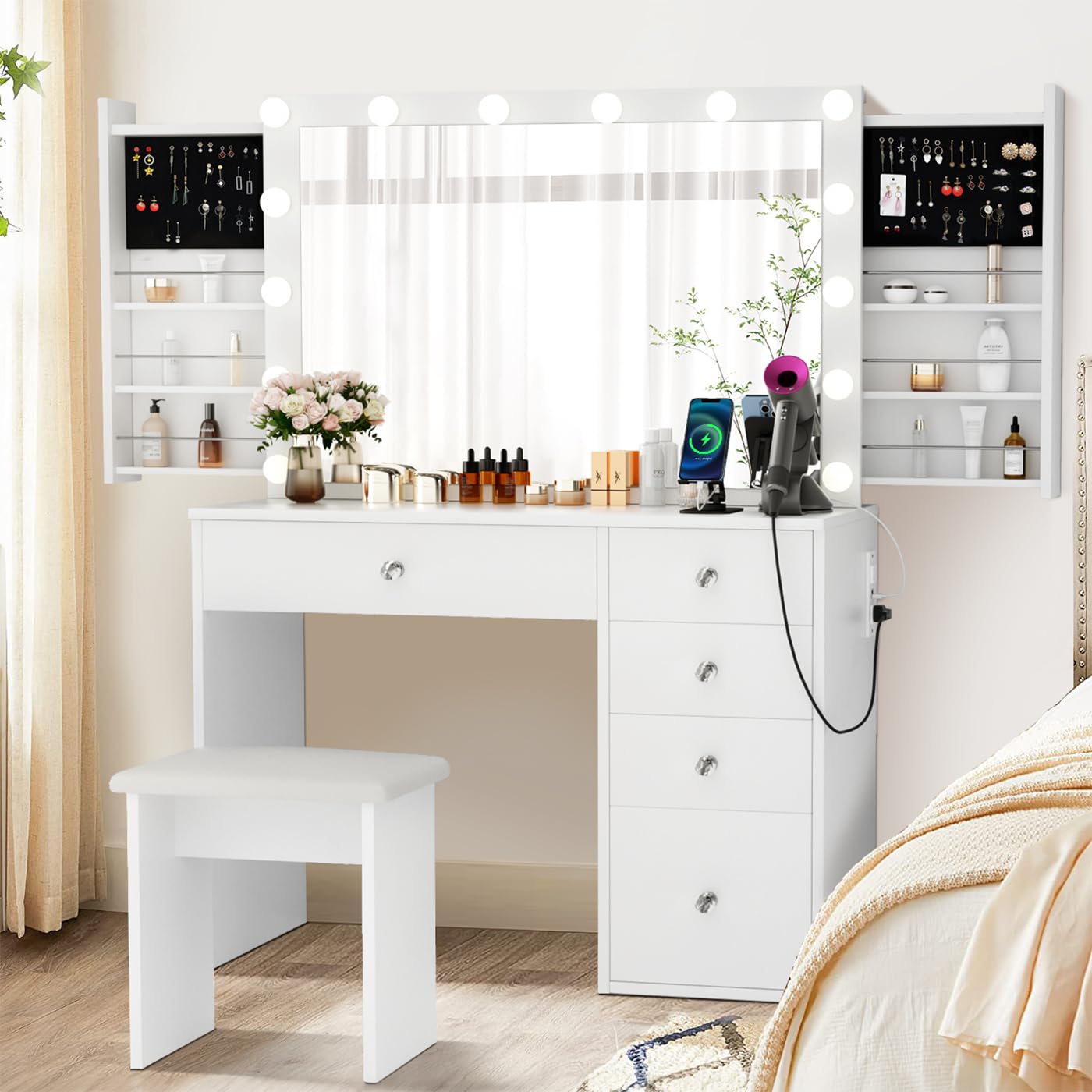 Makeup Vanity Desk with Lighted Mirror & Power Outlet & 5 Drawers, Vanity Table with 3 Lighting Modes Brightness Adjustable, Sliding Storage, White Vanity Set for Bedroom