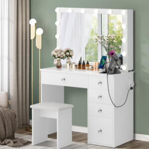 Makeup Vanity Desk with Lighted Mirror & Power Outlet & 5 Drawers, Vanity Table with 3 Lighting Modes Brightness Adjustable, Sliding Storage, White Vanity Set for Bedroom