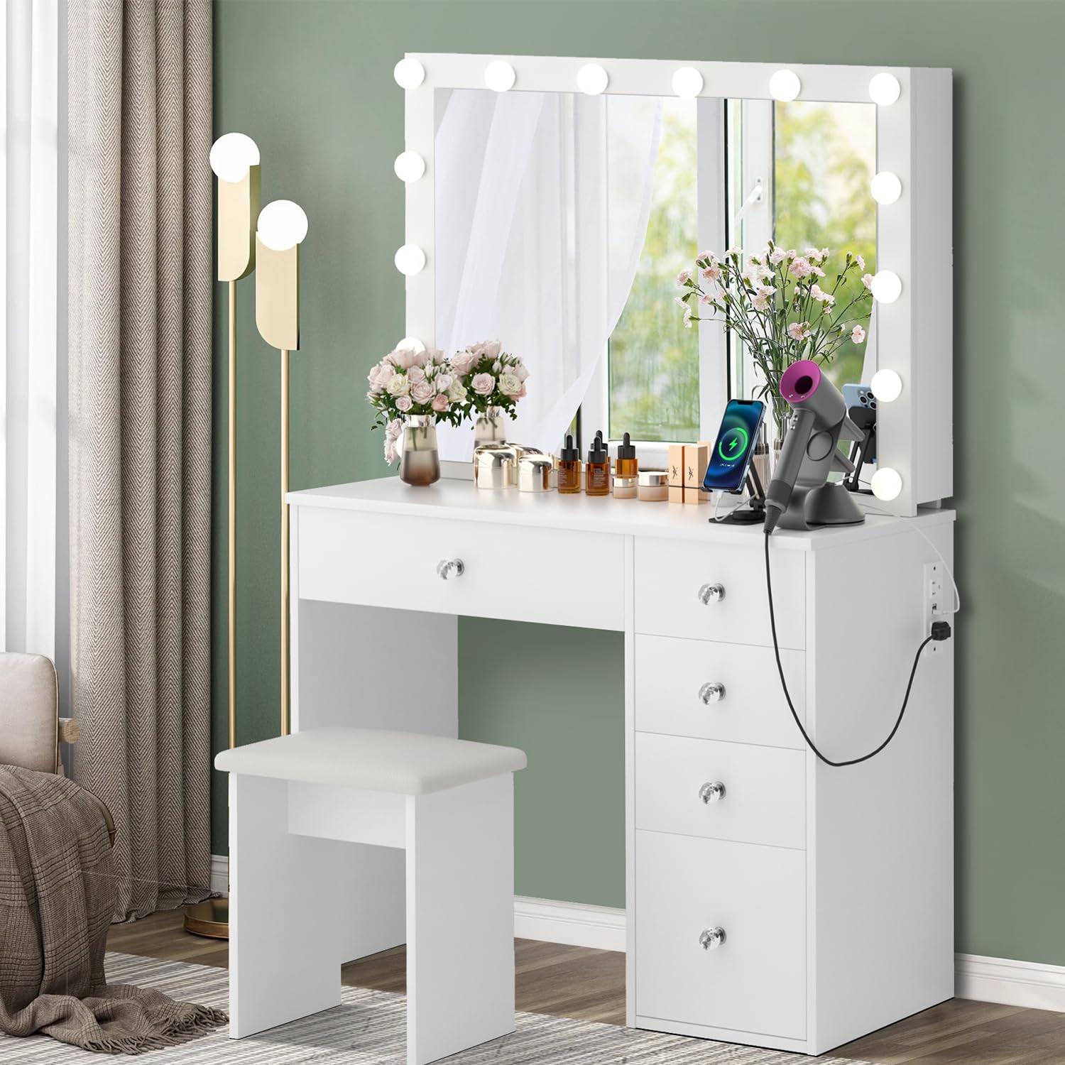 Makeup Vanity Desk with Lighted Mirror & Power Outlet & 5 Drawers, Vanity Table with 3 Lighting Modes Brightness Adjustable, Sliding Storage, White Vanity Set for Bedroom