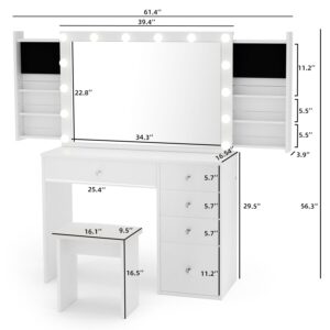 Makeup Vanity Desk with Lighted Mirror & Power Outlet & 5 Drawers, Vanity Table with 3 Lighting Modes Brightness Adjustable, Sliding Storage, White Vanity Set for Bedroom