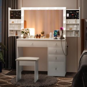 Makeup Vanity Desk with Lighted Mirror & Power Outlet & 5 Drawers, Vanity Table with 3 Lighting Modes Brightness Adjustable, Sliding Storage, White Vanity Set for Bedroom