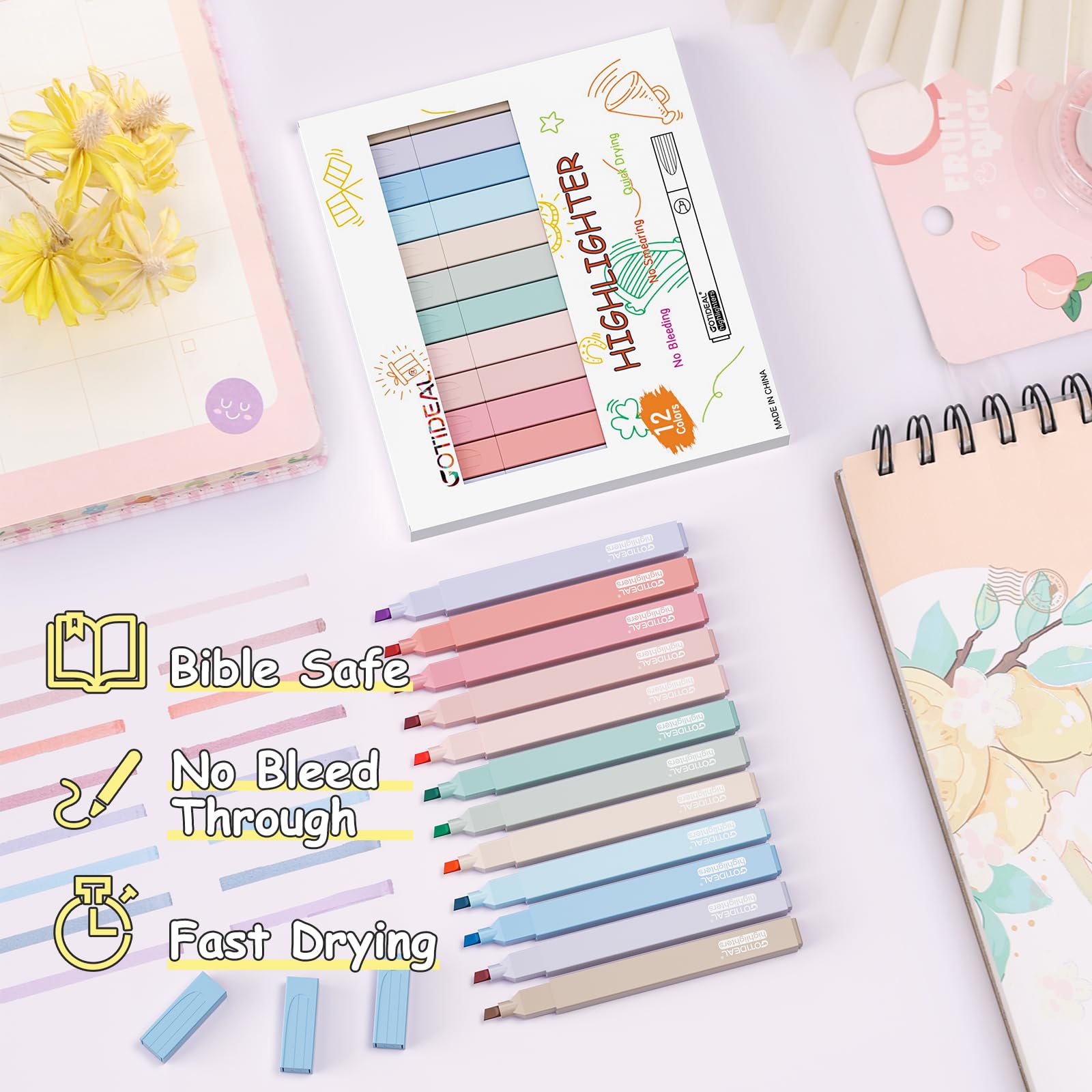 GOTIDEAL Aesthetic Cute Pastel Highlighters set, 12 Pack No Bleed Bible Highlighters With Soft Chisel Tip for office journal, School study accessory supplies