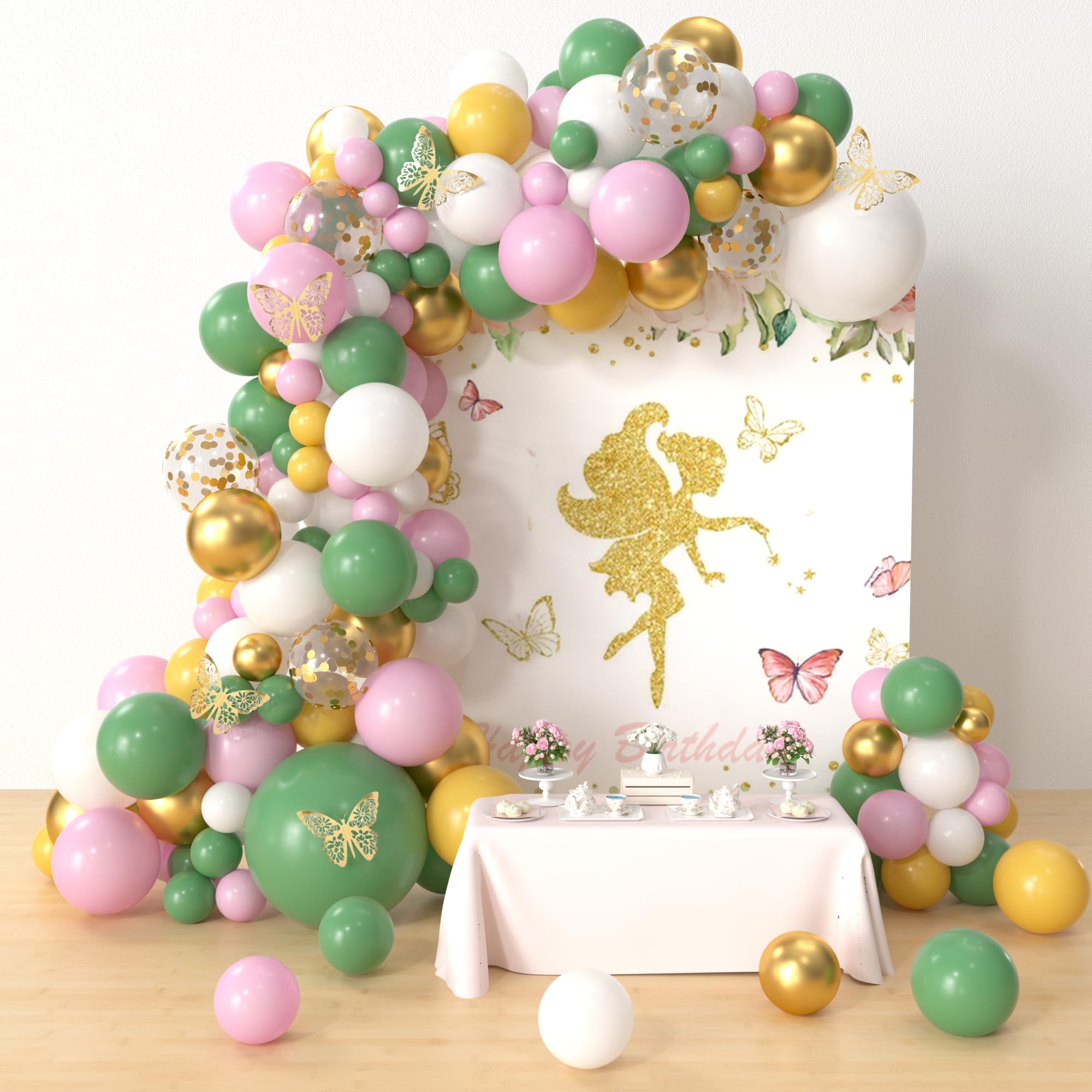 HYOWCHI Fairy Party Decorations - 148 Pcs Fairy Birthday Party Supplies Balloon Garland Arch, Pink Green Balloon Arch For Butterfly Fairy Garden Birthday Baby Shower Spring Tea Wedding Decorations