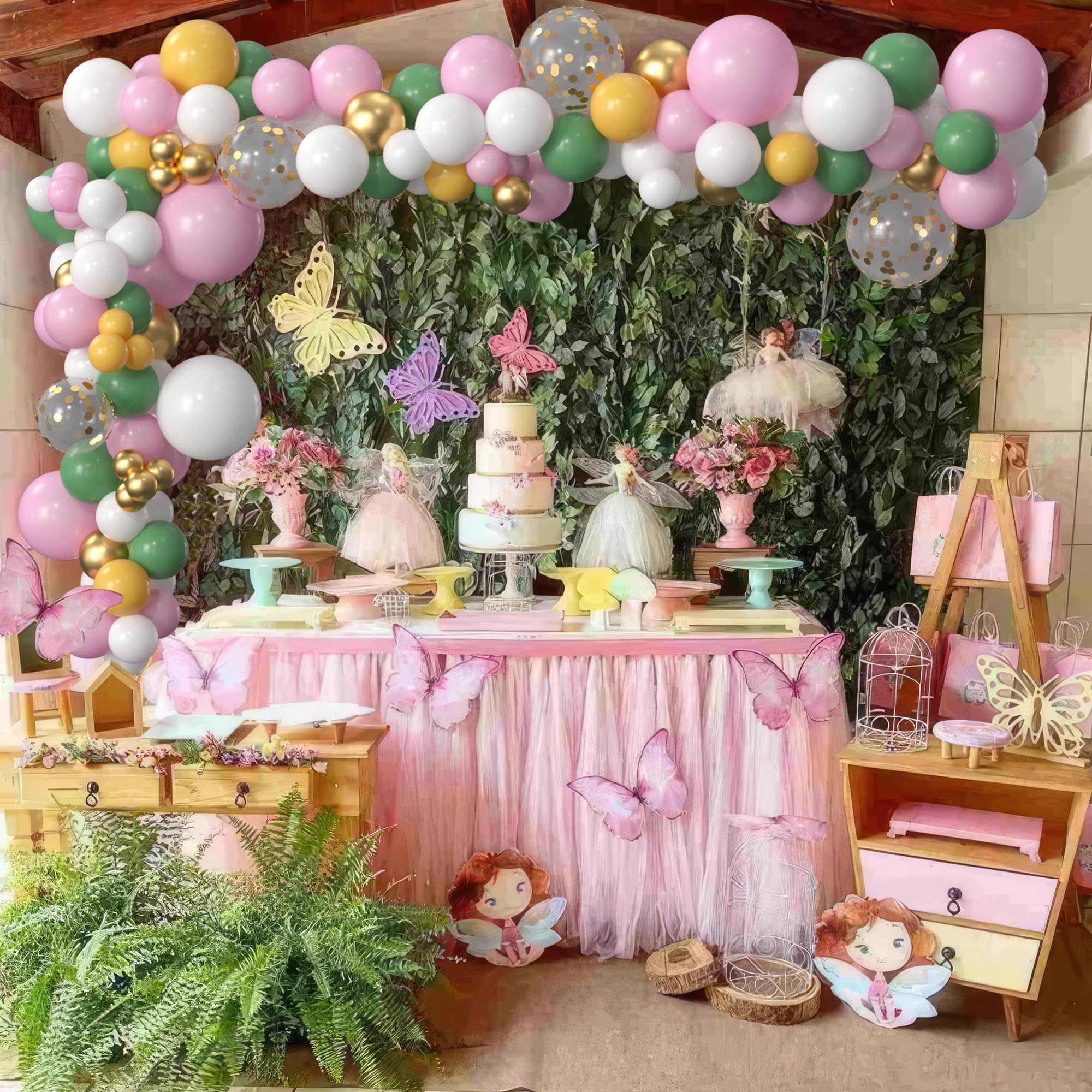 HYOWCHI Fairy Party Decorations - 148 Pcs Fairy Birthday Party Supplies Balloon Garland Arch, Pink Green Balloon Arch For Butterfly Fairy Garden Birthday Baby Shower Spring Tea Wedding Decorations