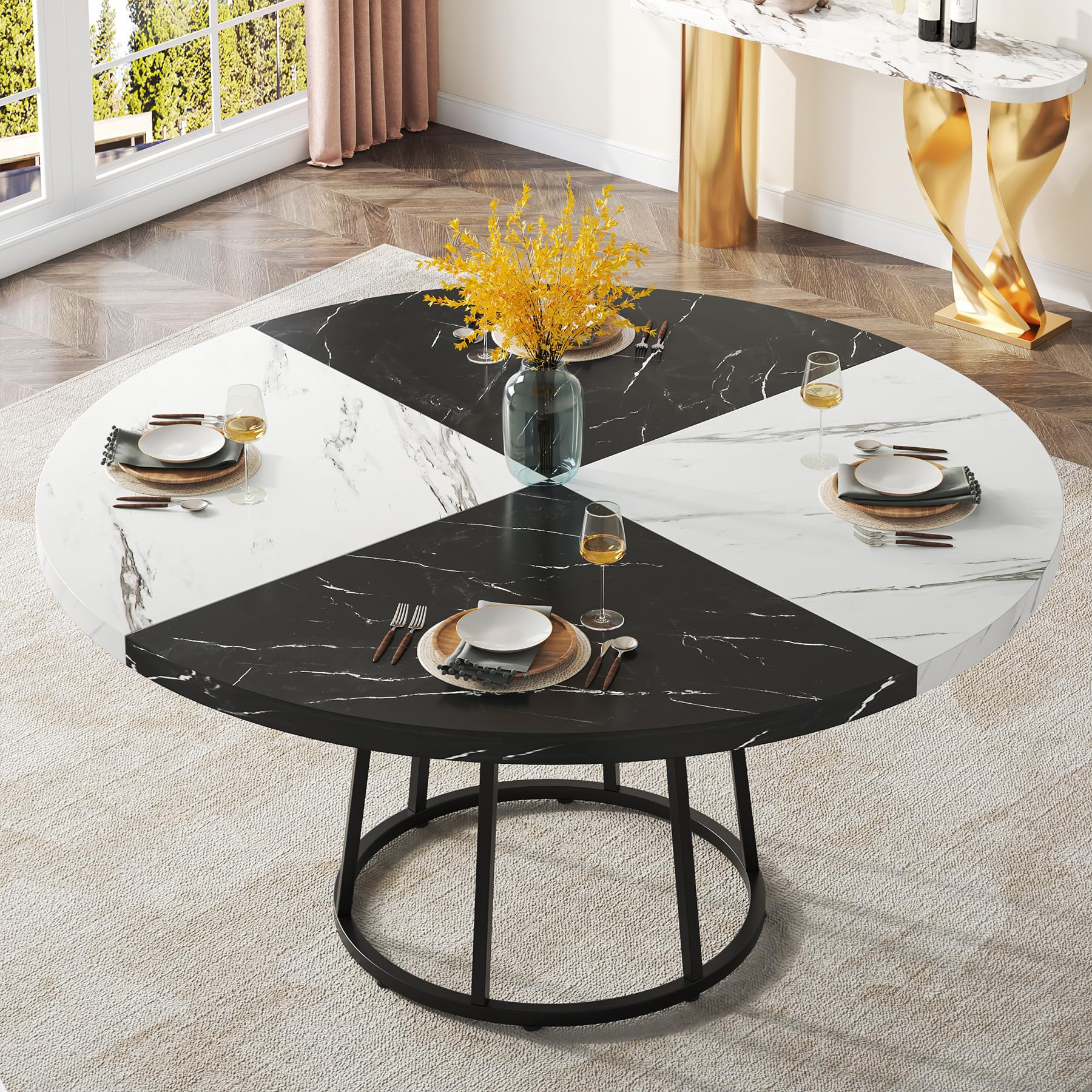 Tribesigns 47 inch Dining Table for Dining Room, 4 People Round Dinner Tables with Faux Marble Top Heavy Duty Metal Circle Pedestal for Living Room Kitchen, Black White(Only Table)