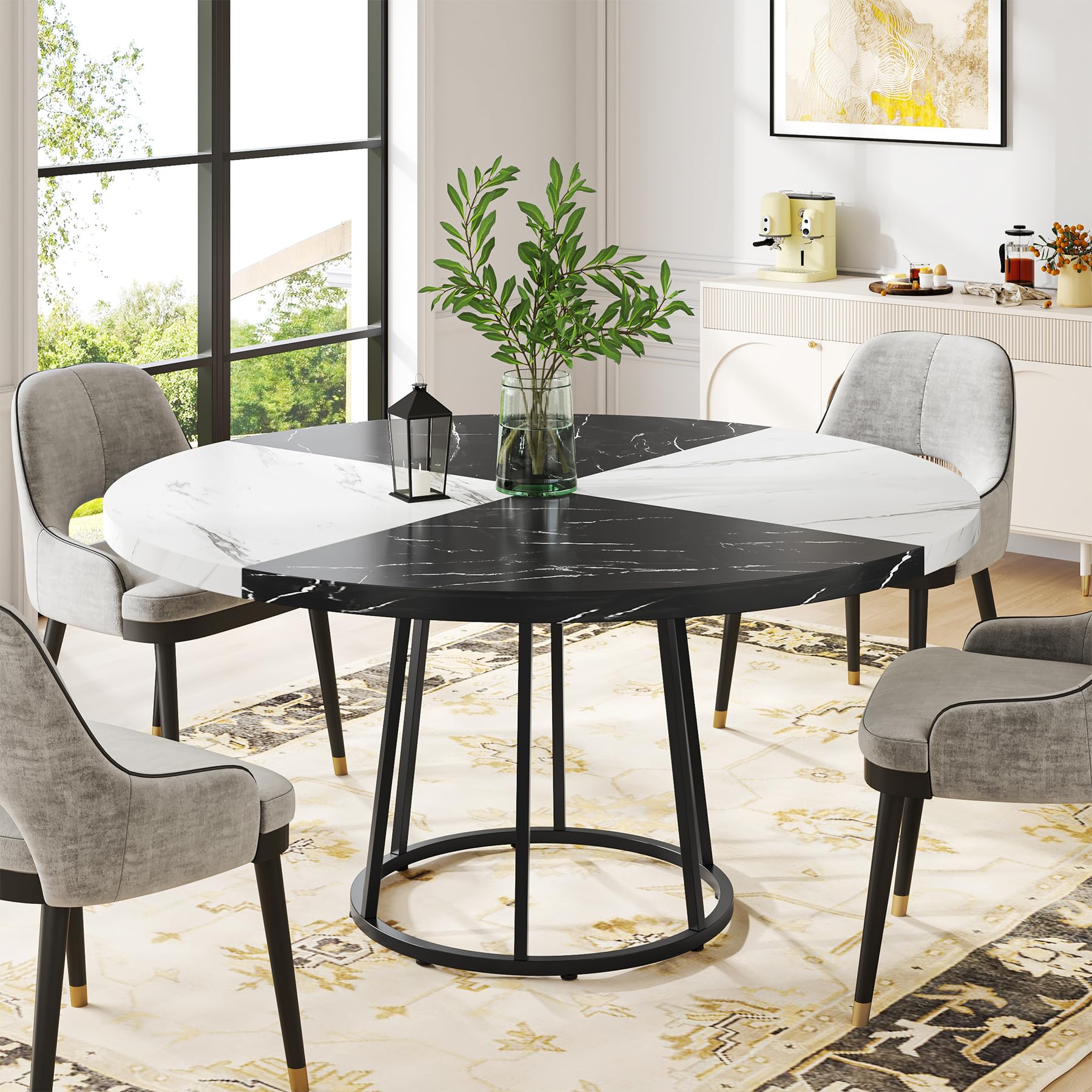 Tribesigns 47 inch Dining Table for Dining Room, 4 People Round Dinner Tables with Faux Marble Top Heavy Duty Metal Circle Pedestal for Living Room Kitchen, Black White(Only Table)