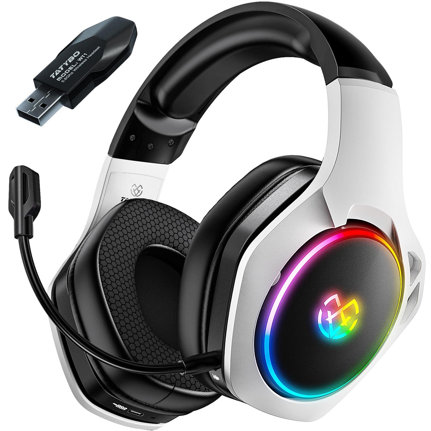 Tatybo Wireless Gaming Headset for PS4, PS5, PC - 2.4GHz Gaming Headphones with Detachable Noise Canceling Microphone, 30-Hr Battery Gaming Headsets for Laptop, Switch, Mac (White)