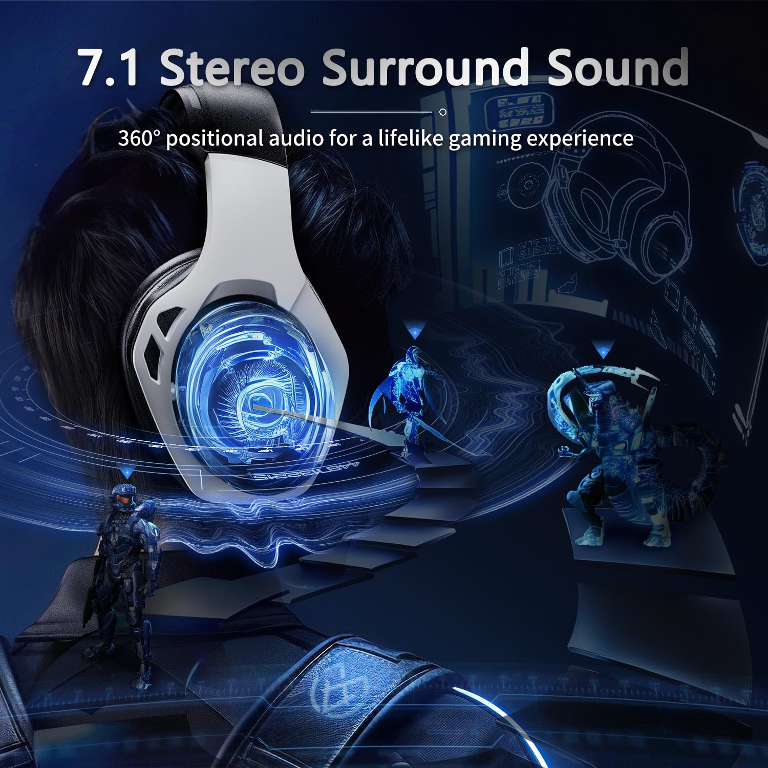 Tatybo Wireless Gaming Headset for PS4, PS5, PC - 2.4GHz Gaming Headphones with Detachable Noise Canceling Microphone, 30-Hr Battery Gaming Headsets for Laptop, Switch, Mac (White)