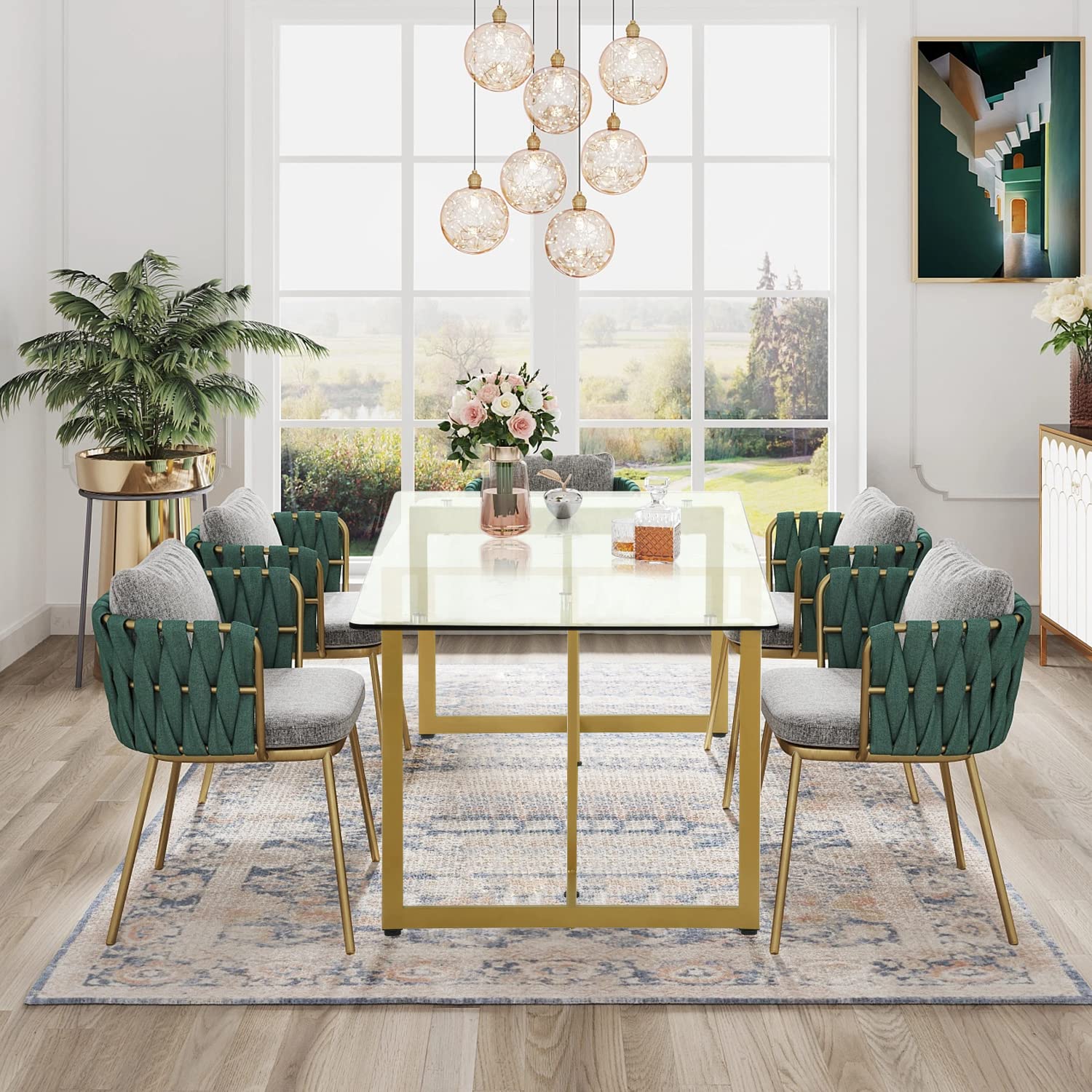 FurnitureR Tempered Glass Dining 47.2 inches Dinner Table for 4-6 Persons Modern Rectangular Spacious Tabletop & Gold Legs Elegant for Home Kitchen Living Room Restaurant, 47 Inches