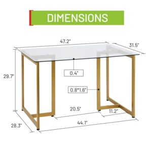 FurnitureR Tempered Glass Dining 47.2 inches Dinner Table for 4-6 Persons Modern Rectangular Spacious Tabletop & Gold Legs Elegant for Home Kitchen Living Room Restaurant, 47 Inches