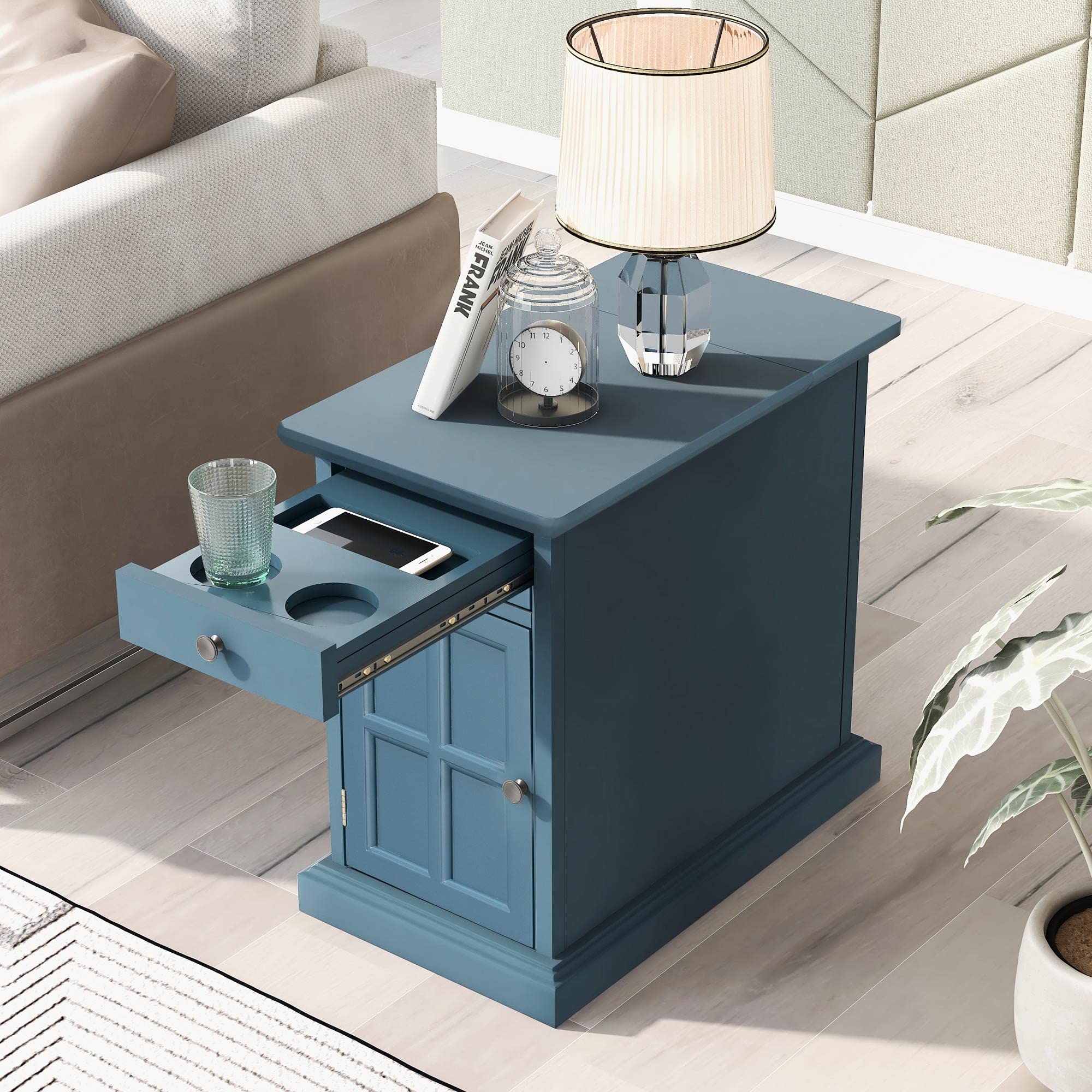 Wood Nightstand with Charging Station,End Table Side Table with 1 Multifunctional Drawer Built-in Cup Holders and USB Ports,for Living Room,Bedroom (Antique Navy@c)