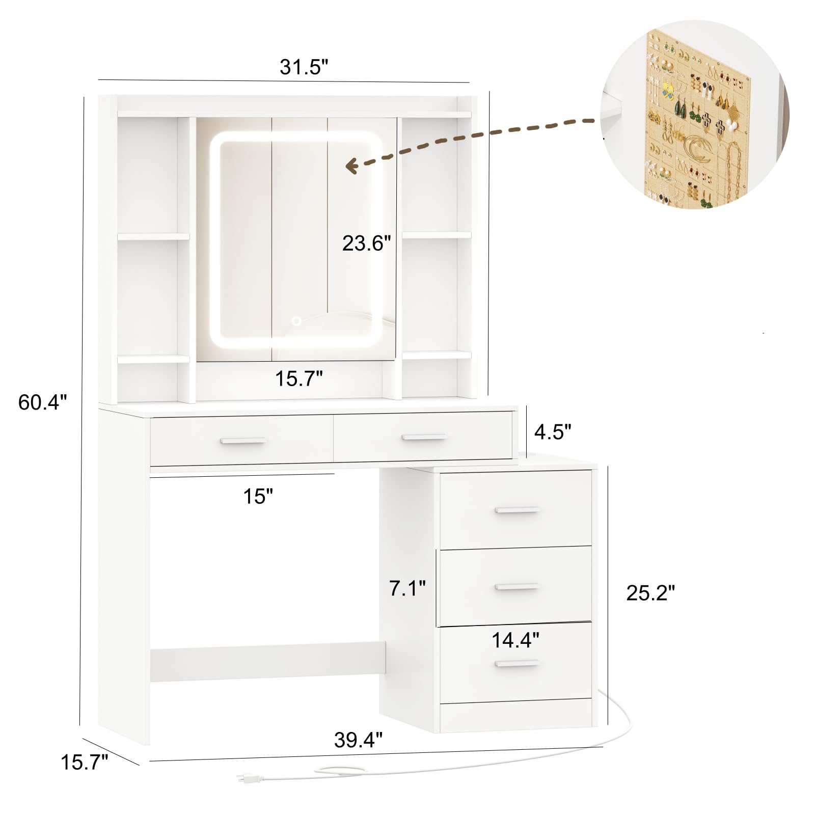 Rovaurx Vanity Table with Jewelry Organizer, Makeup Vanity with Mirror and 3-Color Lights, Vanity Desk with Charging Station, Bedroom Dressing Table, 5 Drawers and Side Cabinet, White RSZT110W