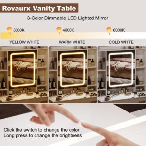 Rovaurx Vanity Table with Jewelry Organizer, Makeup Vanity with Mirror and 3-Color Lights, Vanity Desk with Charging Station, Bedroom Dressing Table, 5 Drawers and Side Cabinet, White RSZT110W