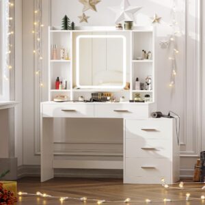 Rovaurx Vanity Table with Jewelry Organizer, Makeup Vanity with Mirror and 3-Color Lights, Vanity Desk with Charging Station, Bedroom Dressing Table, 5 Drawers and Side Cabinet, White RSZT110W