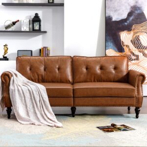 DIFY 80” Leather Faux Loveseat Sofa, Mid-Century Modern Couch with Soft Cushion and Firm Structure, Perfect Furniture for Living Room, Bedroom, Small Space.(Brown)