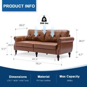 DIFY 80” Leather Faux Loveseat Sofa, Mid-Century Modern Couch with Soft Cushion and Firm Structure, Perfect Furniture for Living Room, Bedroom, Small Space.(Brown)