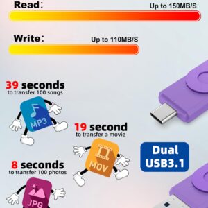 MOSDART 128GB USB C Dual Flash Drive Speed Up to 150MB/s with Keychain - 2 in 1 OTG USB 3.1 Type-C Thumb Drive Memory Stick for USB-C Android Phones, iPhone 15, MacBook, iPad, Computers, etc. Purple