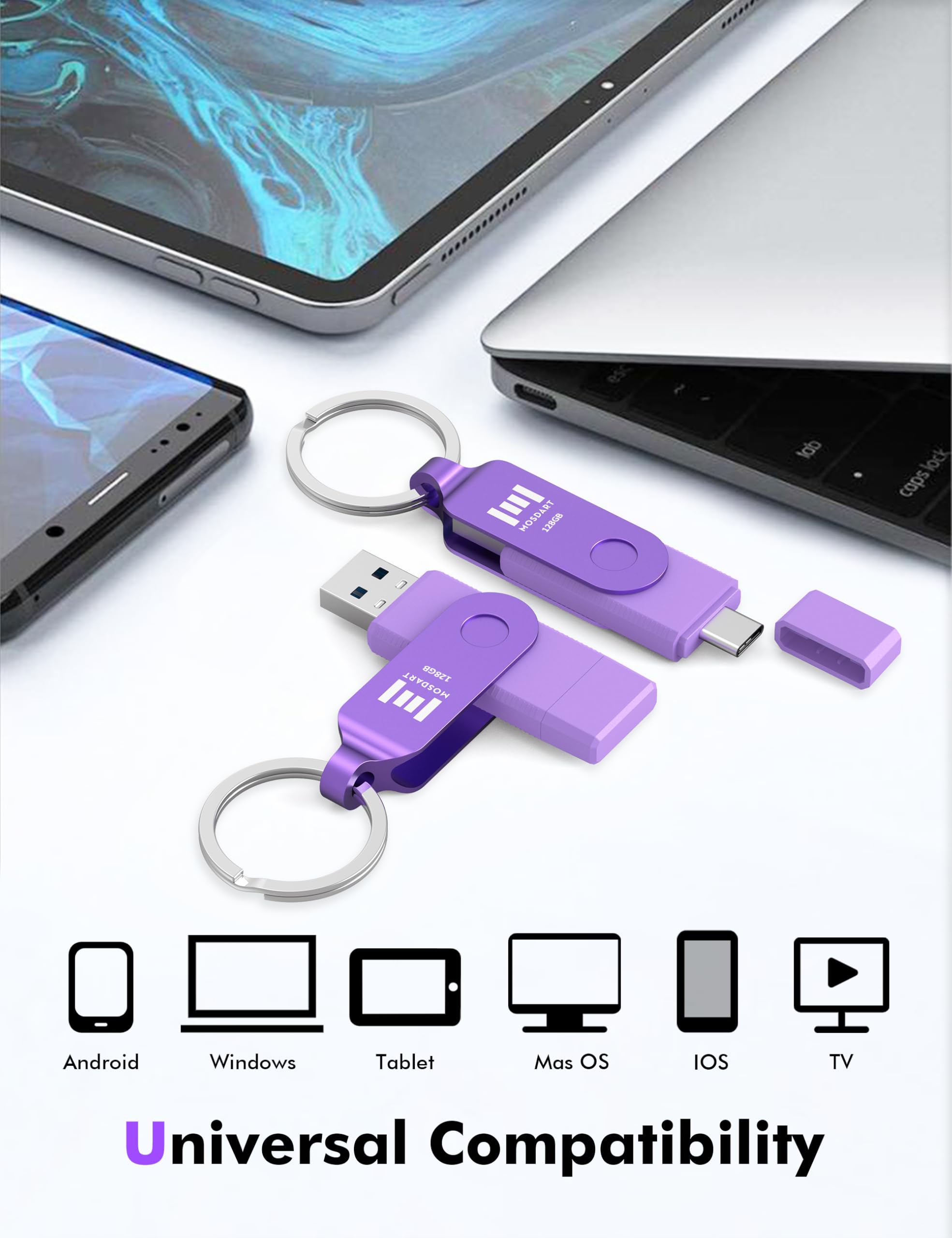 MOSDART 128GB USB C Dual Flash Drive Speed Up to 150MB/s with Keychain - 2 in 1 OTG USB 3.1 Type-C Thumb Drive Memory Stick for USB-C Android Phones, iPhone 15, MacBook, iPad, Computers, etc. Purple