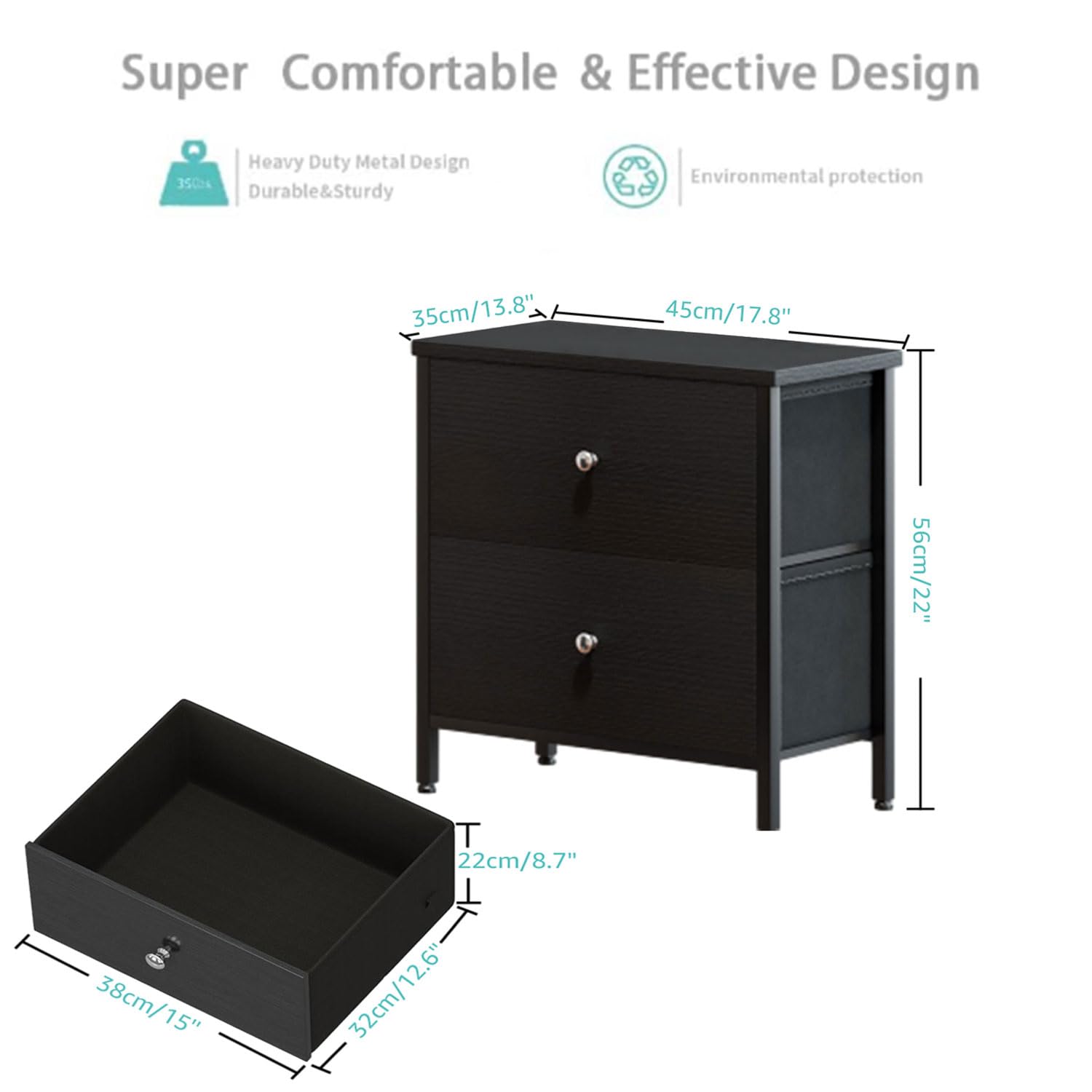 BOLUO Black Nightstands Set of 2, 2 Drawer Dresser for Bedroom Night Stand Small Nightstands End Table with Fabric Drawers Modern