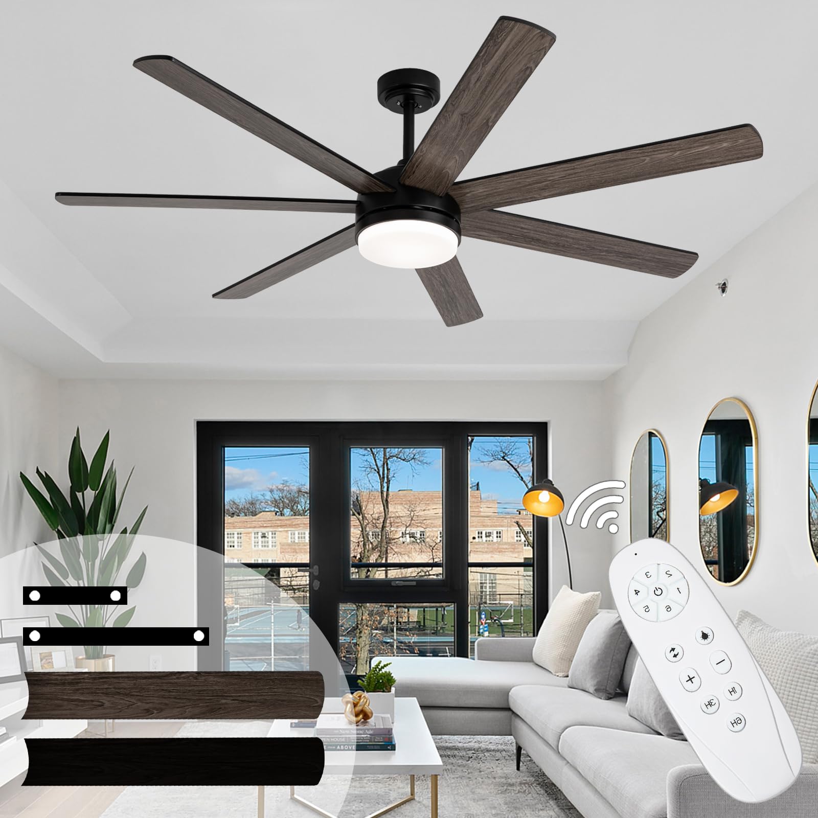 Viossn Ceiling Fans with Lights and Remote, 72 Inch Large Ceiling Fan with Light 7 Blades,Reversible, Dimmable, Outdoor Ceiling Fan with 20" Downrods for Bedroom Living Room Patio