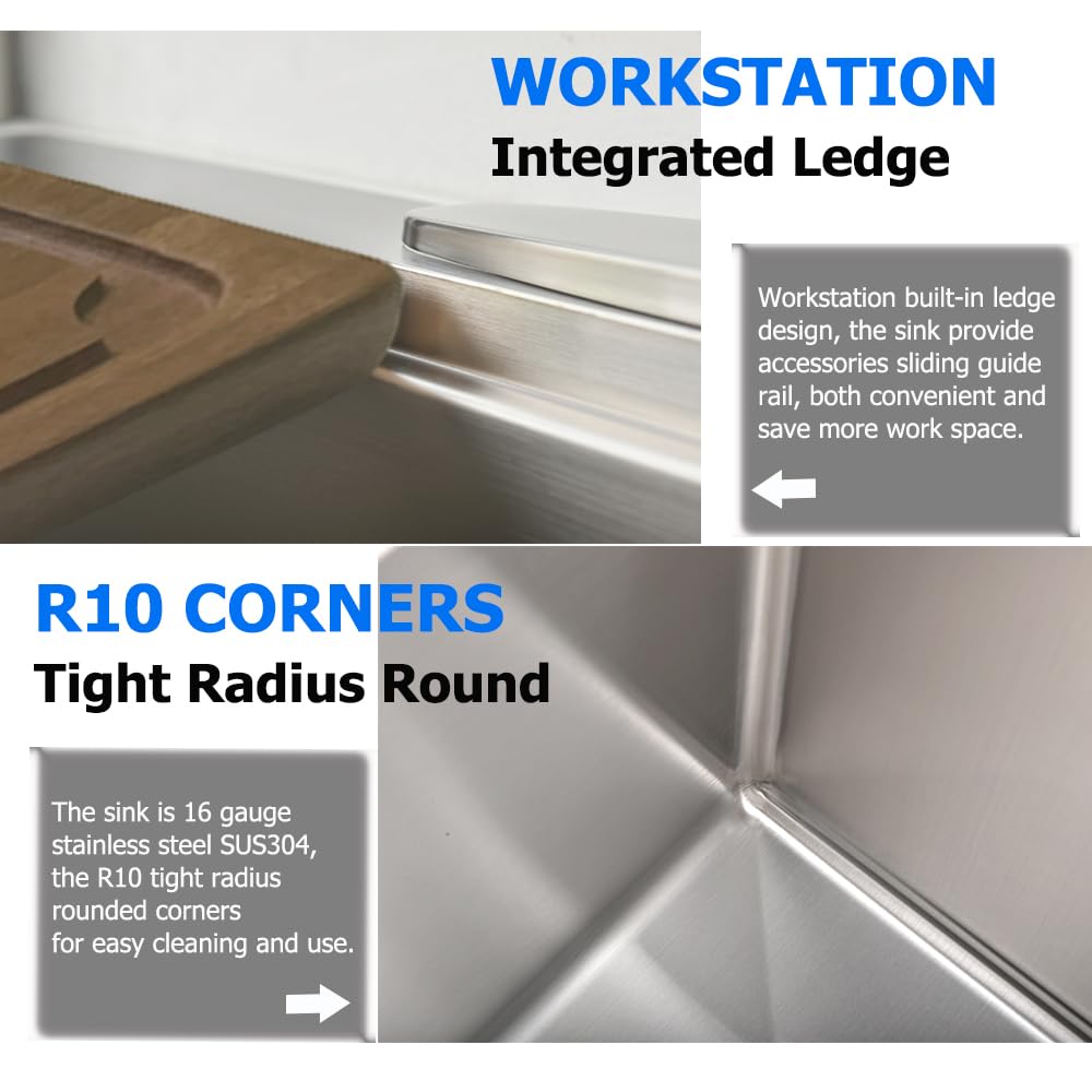 33-inch Drop in Kitchen Sink Workstation, BoomHoze 33x19 Topmount Drop-in Kitchen Sink 16 Gauge Stainless Steel Kitchen Sink Handmade Single Bowl Deep Kitchen Sink with Cutting Board