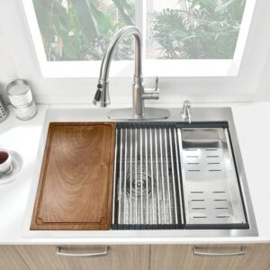 33-inch Drop in Kitchen Sink Workstation, BoomHoze 33x19 Topmount Drop-in Kitchen Sink 16 Gauge Stainless Steel Kitchen Sink Handmade Single Bowl Deep Kitchen Sink with Cutting Board